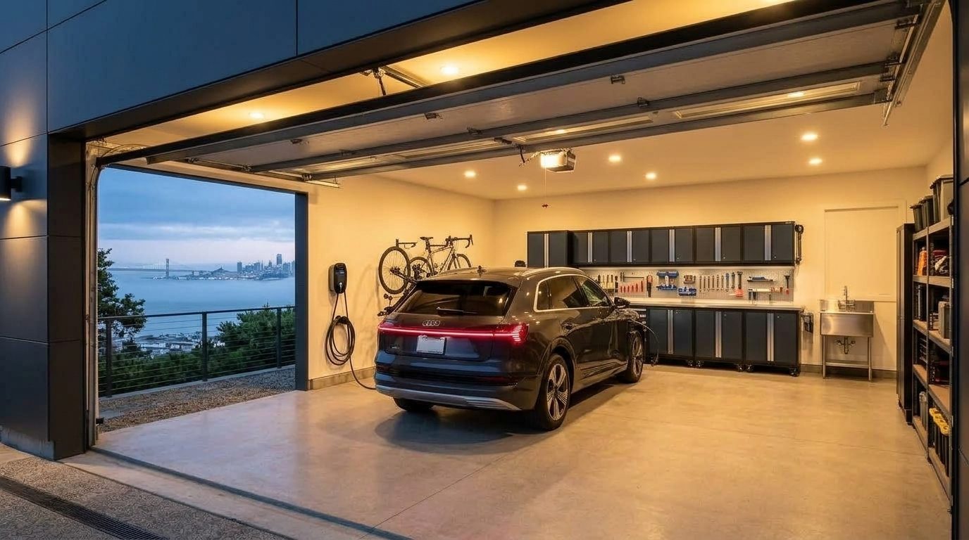 Peat Garage Door Services Interior View of Custom Garage Door Overhead and Workshop